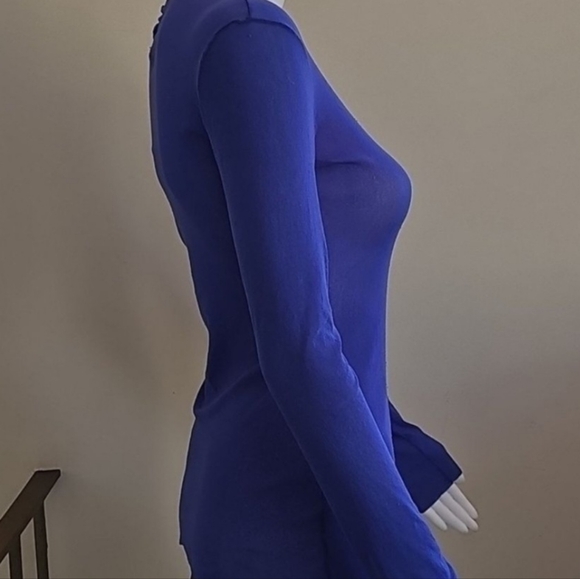 Jean Paul Gaultier Femme Lettuce Edge Top Blue Long Sleeve Sheer Stretch Mesh - Picture 5 of 12